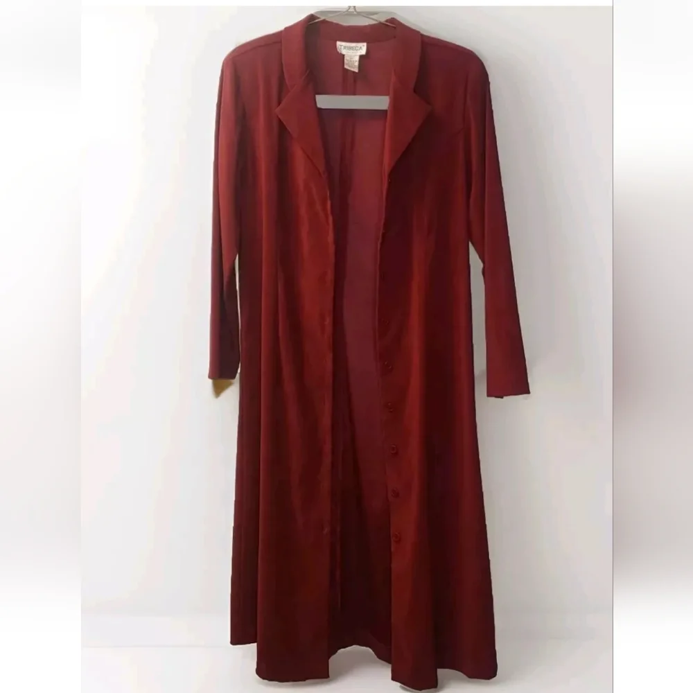 Vtg Tribeca Studio Trench Coat Woman Sz 12 Red Suede Feel Duster Long Jacket